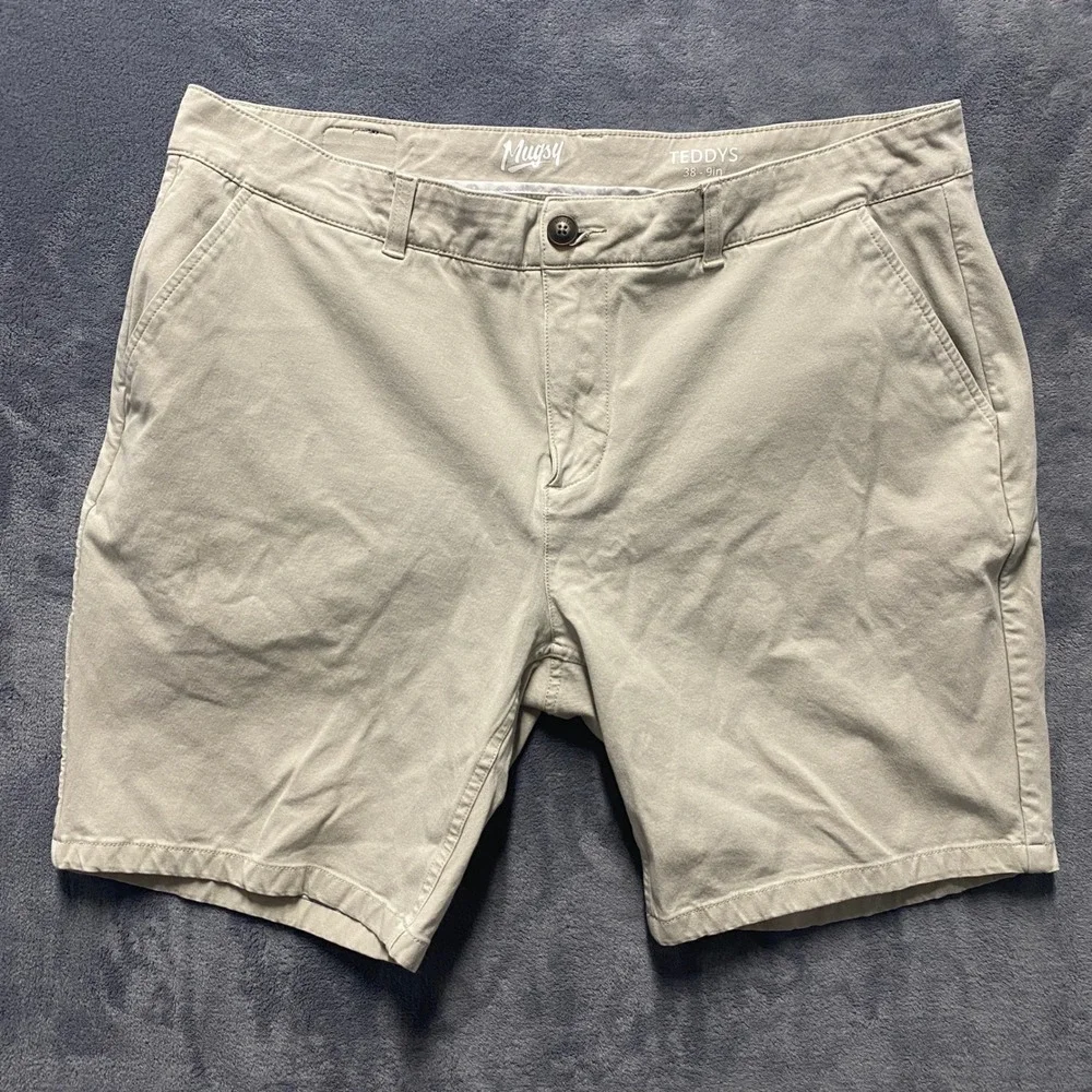 Mugsy Teddys Mens Khaki Chino Shorts Size 38 w/ 9 Inch Inseam Stretch K6SNLK Tan